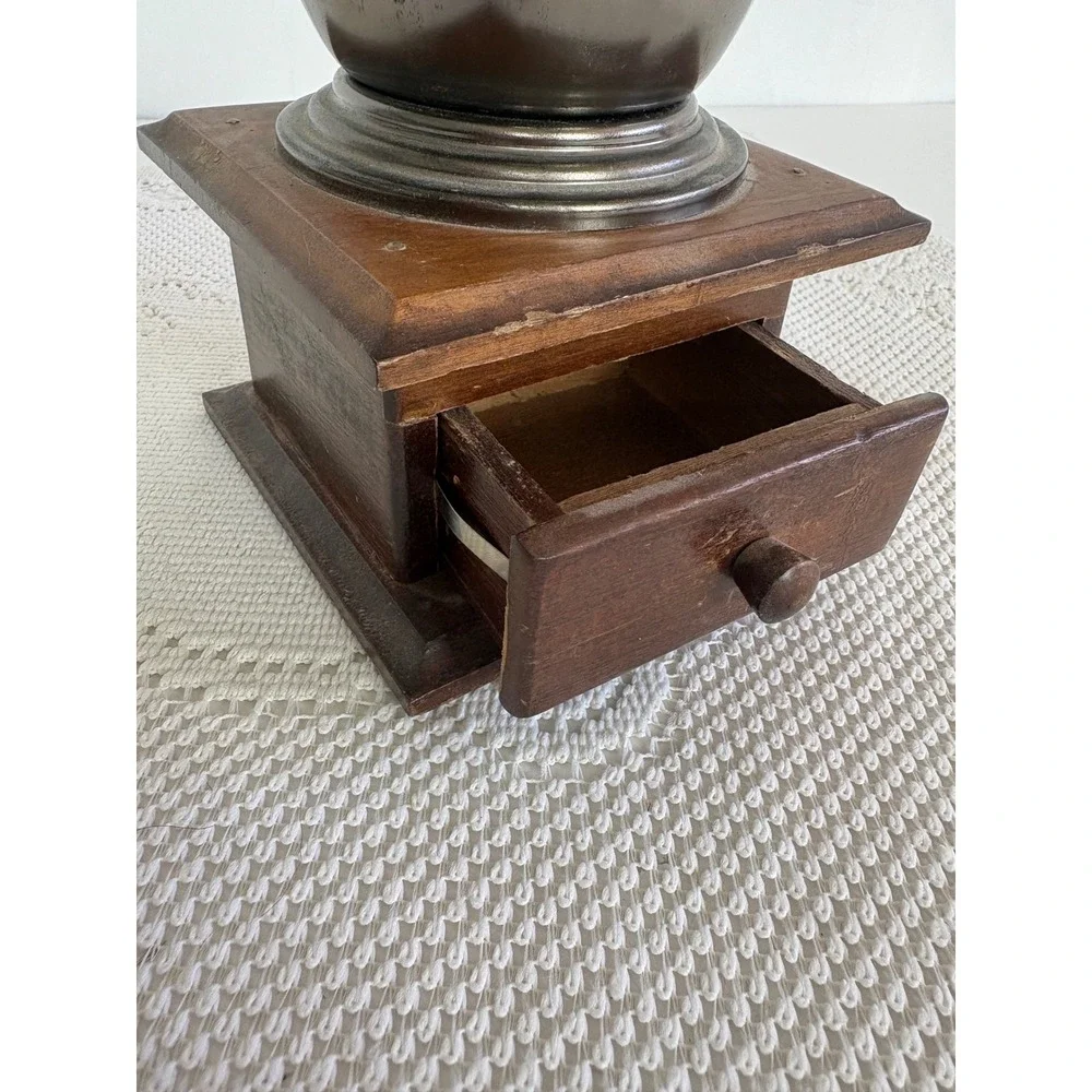 Vintage Manual Coffee Grinder Hand Crank Wood Base Metal Hopper Rustic Decor